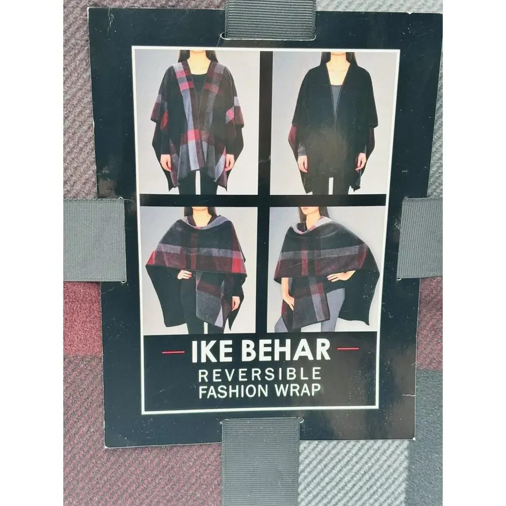 New Ike Behar Ladies Reversible Fashion Wrap One Size Black W/maroon Lines Plush